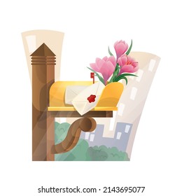 Vector isolated illustration of open retro mailbox with bouquet of crocus flowers, envelopes, letters with paraffin seal inside. Background houses. Concept correspondence, spring, season, love, etc.