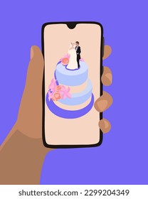 Vektorgrafik der Bestellung von Hochzeitskuchen. Bestellen Sie einen Hochzeitstorch online.
