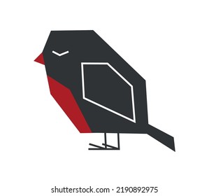 Vector isolated illustration with ornitologic element - bullfinch. Red breast of bird is symbol of autumn and finter time. Decorative minimalistic finch has geometric shapes on white background