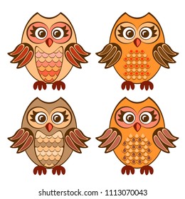 Vector isolated illustration of an Owl eared in brown orange colors, children's cute Indian style hand drawn symbols set collection of owls.