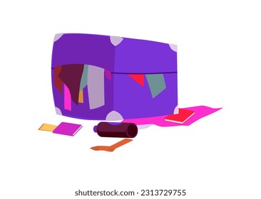 Vector isolated illustration of packing blue suitcase full of clothes, passport, ticket and documents. Baggage closed but things fall out and scattered around stuff on white background. Concept for