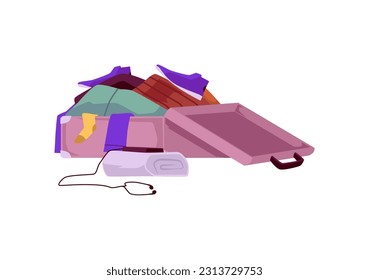 Vector isolated illustration of packing suitcase full of clothes, shoes and documents. Baggage open but stuff fall out and scattered around things on white background. Concept for Time to trave in