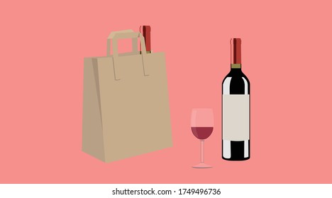 Ilustración aislada de un bolso de papel, una botella de vino y una copa de vino
