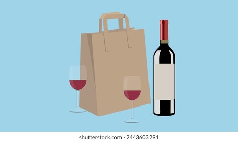 Vector Isolated Illustration of a Paper Bag, a Bottle of Wine and a Cup of Wine