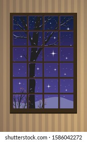 Vector isolated illustration of a part of the wall with park view window. Interior design element. Night landscape outside the window, striped wallpaper.