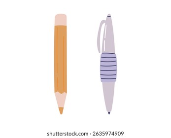 Vector isolated illustration of a pencil and a pen in minimal flat design. Great for school supplies, office tools, writing, drawing, and educational or creative projects.