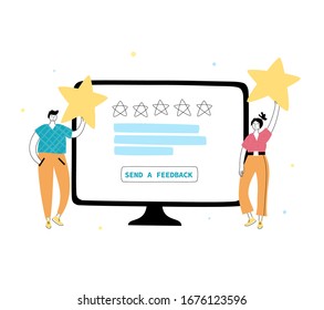 Vector isolated illustration of people characters with computer screen giving stars, feedback and rating on website. Online review concept. Flat illustration on white background. Email banner design
