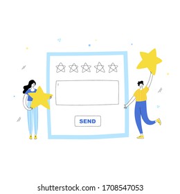 Ilustración vectorial aislada de personajes con la evaluación de calidad que da estrellas, retroalimentación en el sitio web. Concepto de revisión en línea. Ilustración plana sobre fondo blanco. Diseño de banners de correo electrónico
