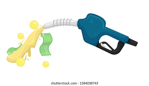 Vector isolated illustration with a petrol gun from which fuel is pouring with money.