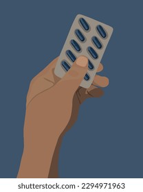 Vector isolated illustration of pill pack in human hand. Pill reminder. Taking vitamins. Buying pills.