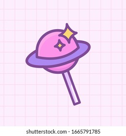 Vector Isolated Illustration Pink Cute Candy Lollipop Planet In Doodle Cartoon Style In Pactel Colors For Icon, Logotype, Print, Sticker