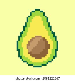 Ilustración aislada vectorial de una mitad de aguacate píxel con una semilla. Juego retro arte de 8 bits, comida sana simple, símbolo