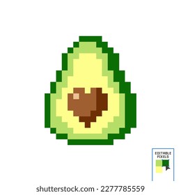 Ilustración aislada vectorial de una mitad de aguacate píxel con una semilla. Juego retro arte de 8 bits, comida sana simple, símbolo