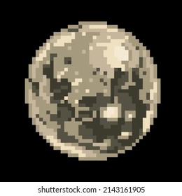 Vector isolated illustration of a pixel beige full moon on a black night sky background. Retro bit game art style