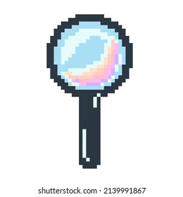 Vector isolated illustration of a pixel black magnifying glass with rainbow reflection on a white background. 8 bit retro arcade game art style. Geometric loupe symbol