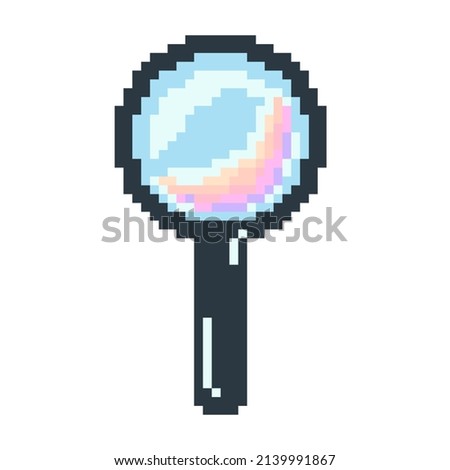 Vector isolated illustration of a pixel black magnifying glass with rainbow reflection on a white background. 8 bit retro arcade game art style. Geometric loupe symbol