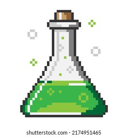 Vector isolated illustration of a pixel bottle with green potion on a white background. Retro bit game art style