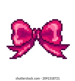Vector isolated illustration of a pixel bow. Festive decoration, holiday, celebration. Crimson red color, retro game 8 bit art style