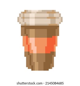 Vector isolated illustration of a pixel coffee cup to go on a white background. Retro bit game art style. Hot drink