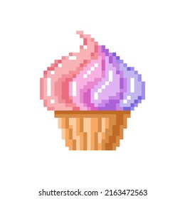 Vector isolated illustration of a pixel cupcake with iridescent cream on a white background. Retro bit game art style