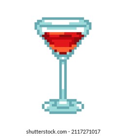 Vector isolated illustration of a pixel glass of red cocktail on a white background. 8 bit retro game style. Simple alcohol art. Bar menu decor