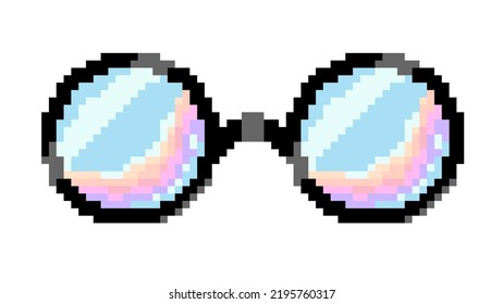 Vector isolated illustration of pixel glasses with a black frame and iridescent reflection on a white background. Retro bit game art style