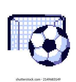 Ilustración aislada del vector de una puerta de gol de píxel y una bola sobre un fondo blanco. Estilo de arte de juegos de retro negro y violeta