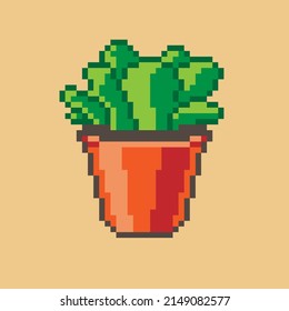 Vector isolated illustration of a pixel green succulent in an orange pot on a beige background. Potted houseplant. Retro bit game art style