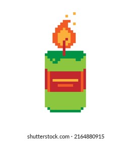 Vector isolated illustration of a pixel green burning candle on a white background. Retro bit game art style