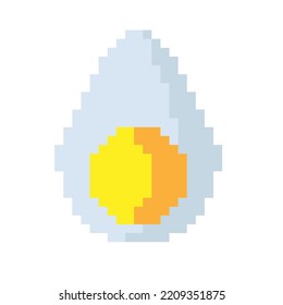 Vector isolated illustration of a pixel half of an egg with yolk on a white background. Retro bit game art style. Food symbol