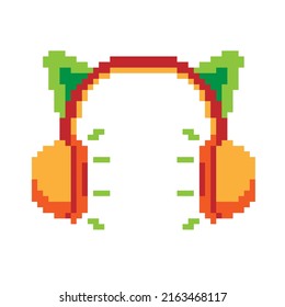 Vector isolated illustration of a pixel headset with cat ears. Music retro bit game art style. White background