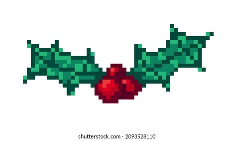 Vector isolated illustration of a pixel holly with leaves and berries on a white background. Festive retro game 8 bit art style. Embroidery. Winter, december, Christmas, New Year