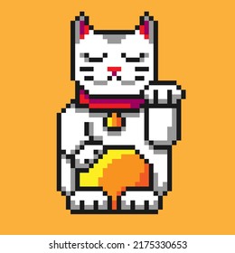 Vector isolated illustration of a pixel maneki neko cat on an orange background. Retro bit game art style