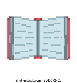 Vector Isolated Illustration Of A Pixel Opened Paper Red Book On A White Background. Retro Bit Game Art Style. Pages With Text. Library And Reading Symbol