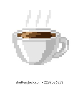 Vector isolated illustration of a pixel porcelain cup of coffee or tea. Drink symbol on a white background. Retro bit game art style