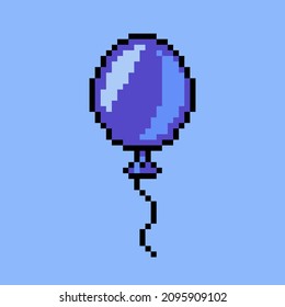 Ilustración vectorial aislada de un globo volador púrpura píxel sobre un fondo lila. Estilo de arte de juegos retro, símbolo de 8 bits. Vacaciones, decoración