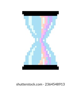 Vector isolated illustration of a pixel rainbow hourglass on a white background. Retro bit game art style. Old time symbol