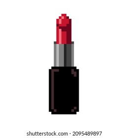 Vector isolated illustration of a pixel red lipstick on a white background. Cosmetics, fashion, vogue. Retro game 8 bit art style