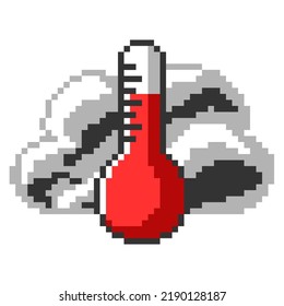 Vector isolated illustration of a pixel red thermometer with a rainy cloud on a white background. Retro 8 bit game art style