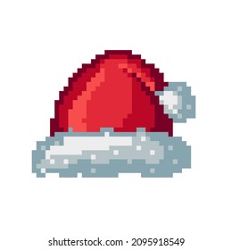 Vector isolated illustration of a pixel Santa Claus red hat with white fur on a white background. Retro 8 bit game art style, festive seasonal symbol, holiday, Christmas, New Year, decoration