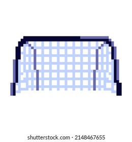 Vector isolated illustration of a pixel soccer goal gate on a white background. Retro bit sport game art style