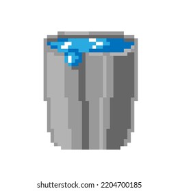 Vector isolated illustration of a pixel steel bucket full of blue paint on a white background. Retro 8 bit game art style