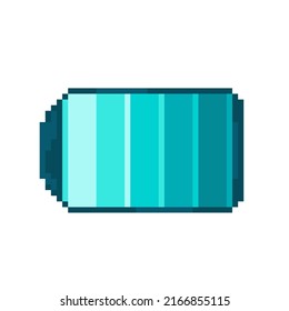 Vector isolated illustration of a pixel teal green battery on a white background. Retro bit game art style. Charge symbol