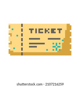 Vector isolated illustration of a pixel yellow ticket with a control line on a white background. Cinema symbol. Concert. Movie. Retro game 8 bit art style.