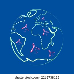 Vector isolated illustration of planet with airplanes with neon effect. International flights. A ticket to any corner of the world.