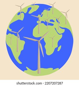 Vector de ilustración aislada del planeta con molinos de viento. El concepto de conservación de la energía.
