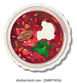 Vector isolated illustration of plate of borsch soup. Ukrainian traditional cuisine.