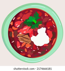 Vector isolated illustration of plate of borsch soup. Ukrainian traditional cuisine. Isolated on light background.