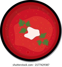 Vector isolated illustration of plate of borsch soup. Ukrainian traditional cuisine. Isolated on light background. Bowl of tasty red soup on white background