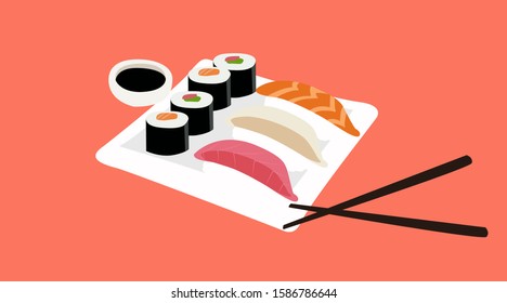 Vector Isolated Illustration a a Plate of Sushi